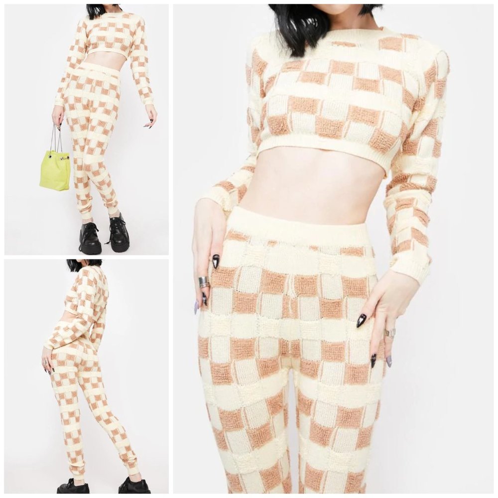 NWT MATCHING OUTFIT DOLLS KILL Checkered Knit Pants & Top Festival Fall Vegas